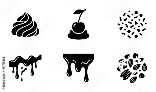 Minimalist dessert topping icons set, black silhouette food garnishes, whipped cream and chocolate drip vector, cherry and nuts sprinkles collection