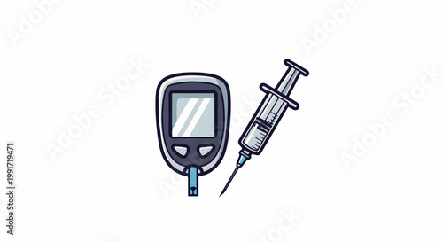 A cartoonish blood glucose meter and a syringe are displayed on a white background