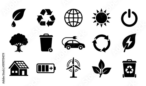 Eco friendly ecology icons set, 15 black vector symbols for renewable energy and recycling, sustainable environment and green technology graphics