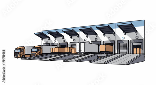 Trucks and boxes at a warehouse loading dock with multiple bays