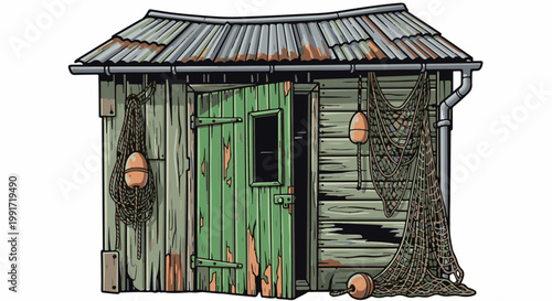 Weathered fishing shack with nets, buoys, and rusted tin roof