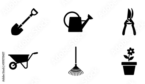 Minimalist gardening tool icons set, black silhouette garden equipment collection, shovel watering can and wheelbarrow vector illustrations