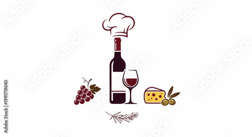 A chef's hat tops a wine bottle beside a glass, grapes, cheese, and olives