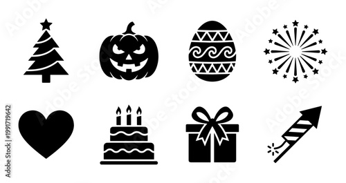 Holiday and celebration icon set, 8 black silhouette festive symbols, Christmas tree and Halloween pumpkin vector, birthday cake and gift box graphics