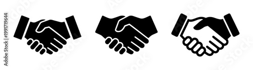 Business handshake icon set, professional partnership and agreement symbols, black and white vector collection of three deal closing signs