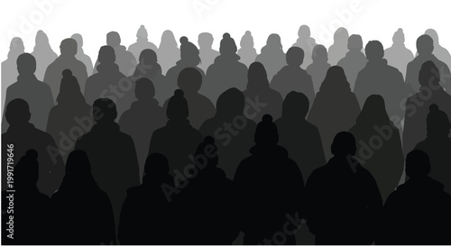 Large group of diverse people represented as simple dark silhouettes in a modern vector graphic design