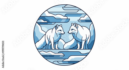 Two arctic foxes in a circular blue and white winter landscape