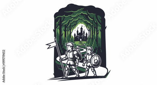 Two armored adventurers journey down a forest path toward a distant castle