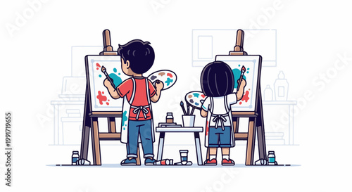 Two children in aprons happily paint colorful pictures on easels