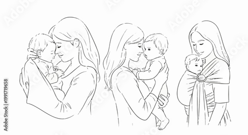 Three line art drawings of mothers holding babies close to them