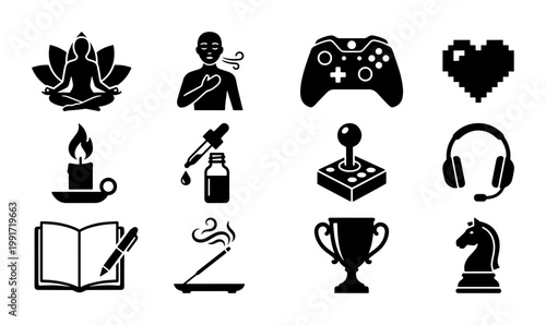 Mental health and self care icons, 12 black vector symbols for mindfulness and gaming hobbies, wellness and relaxation activities collection