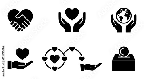 Charity and donation icon set, 6 black solid vector symbols for non-profit organizations, community support and humanitarian aid concepts