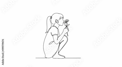 A child crouches and smells a flower, rendered in a simple, continuous line art style