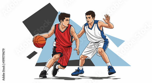 Two athletes play basketball in a stylized graphic representation