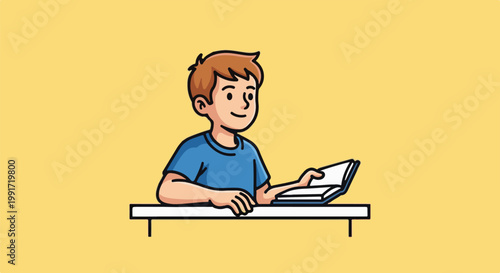 A cheerful young person with brown hair, wearing a blue shirt, sits at a desk and reads an open book