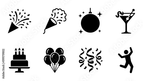 Minimalist party icon set, black celebration symbols including birthday cake and balloons, 8 vector elements for event planning and nightlife
