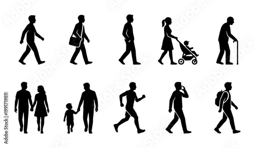 Walking people silhouettes set, diverse pedestrian collection with 10 vector elements, black human figures in motion for urban planning and architectural rendering