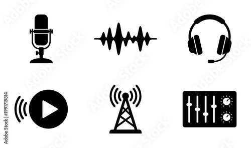 Podcast and radio broadcasting icons set, 6 professional audio equipment vector symbols, black minimalist sound recording and music production elements