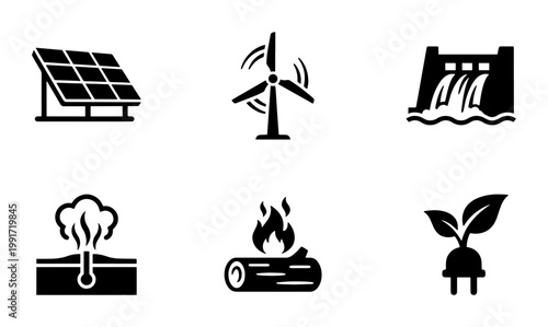 Renewable energy icon set, sustainable power source vector symbols, green ecology and clean electricity icons, 6 black solid glyphs for environment