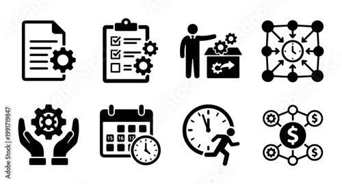 Business management icons set, project planning and time tracking vector elements, workflow optimization and financial strategy symbols for corporate presentation