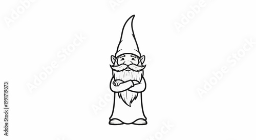 Whimsical cartoon gnome with pointed hat and beard, arms crossed