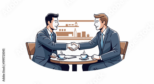 Two businessmen in suits shake hands over a table with coffee