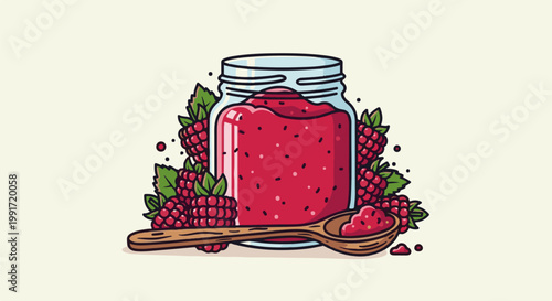 A charming illustration of a glass jar filled with vibrant red raspberry jam, surrounded by fresh berries and a wooden spoon