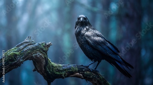 Black raven perched on a mossy branch in a misty dark blue forest