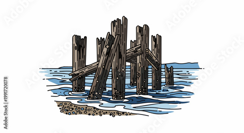 Weathered wooden pilings stand in calm water at the shoreline