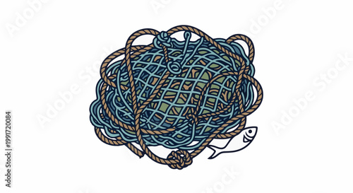 Tangled fishing net with rope and a small fish illustration
