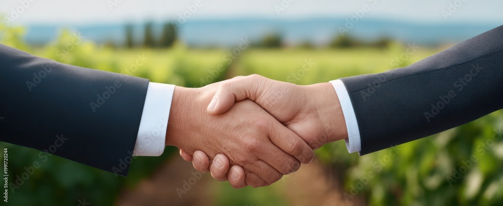 Naklejka premium Successful partnership showcased by a vibrant business handshake amid lush grapevines.