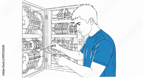 Technician works on complex electrical panel with multiple wires and switches