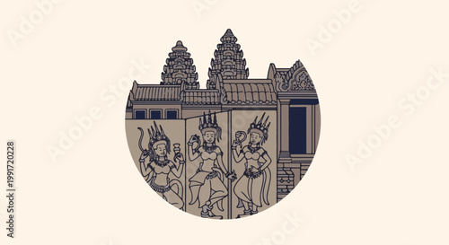 Temple ruins with dancers and tiered roofs in a circular frame