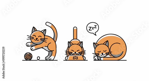 Three playful orange cats depicted in simple cartoon style