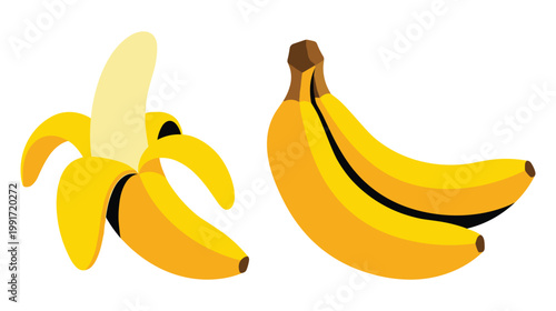 Yellow bananas, peeled and unpeeled, realistic fruit illustration.