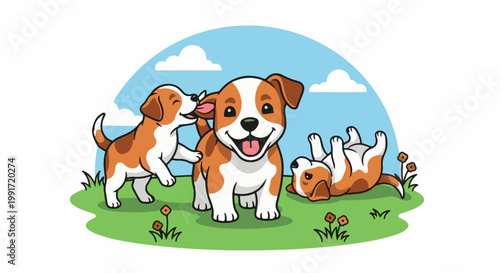 Three playful puppies enjoying a sunny day in a grassy field