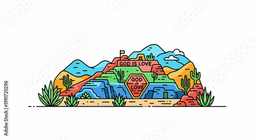 Vibrant desert landscape with cacti and mountains, bearing religious messages