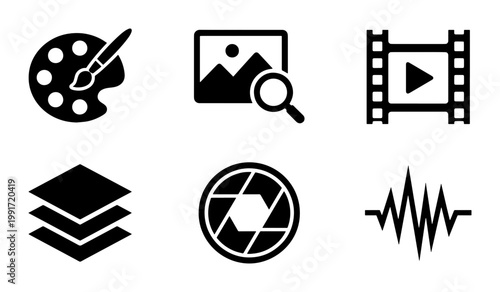 Multimedia production icons set, black creative design vector elements, digital content creation symbols for video and photo editing software