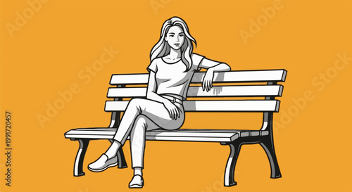 Stylized woman sitting on a park bench against an orange background