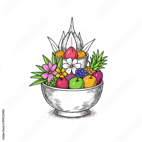 Hand drawn illustration of a traditional Buddhist offering bowl filled with colorful fruits and flowers