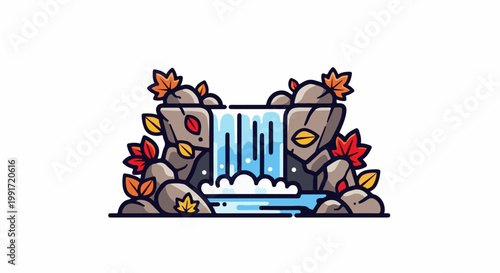 Stylized waterfall cascade with rocks and colorful autumn leaves