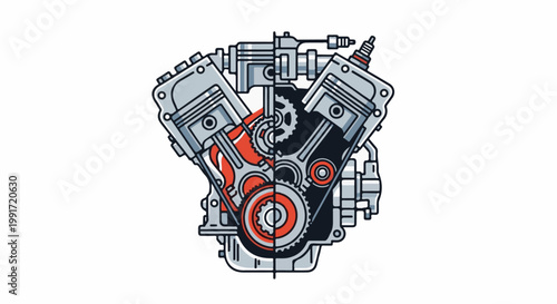 Stylized v-twin engine cutaway revealing pistons, gears, and spark plug
