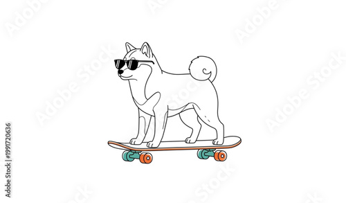 Shiba inu skateboard outline line art cool dog sunglasses vector illustration