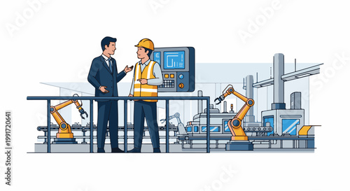 Two men in a factory discuss robotic arms and automated machinery