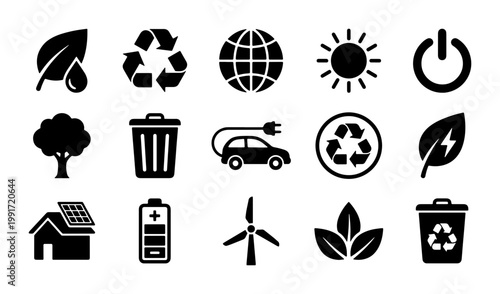 Eco friendly ecology icon set, 15 black vector symbols for renewable energy and recycling, sustainable environment and green technology graphics