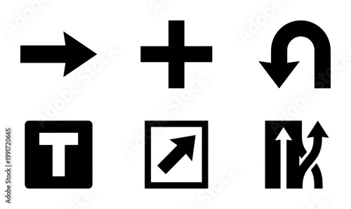 Black navigation arrow icons set, minimalist directional road signs vector collection, simple traffic symbols and wayfinding pointers for maps