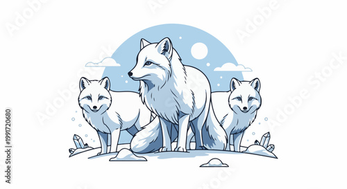 Three arctic foxes in a frosty, snow-covered landscape under a pale blue sky