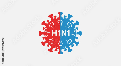 Stylized virus graphic split in red and blue, showing "H1N1" text