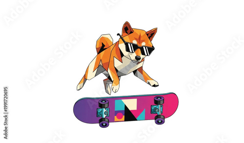 Geometric shiba inu skateboard dog cool sunglasses modern vector illustration