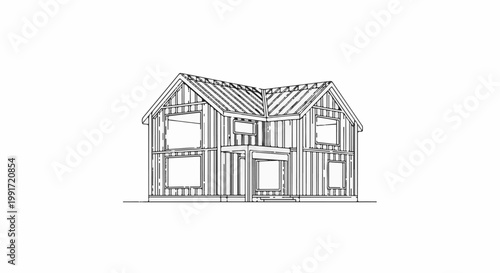 Unfinished wooden house exterior, showing framing and window openings